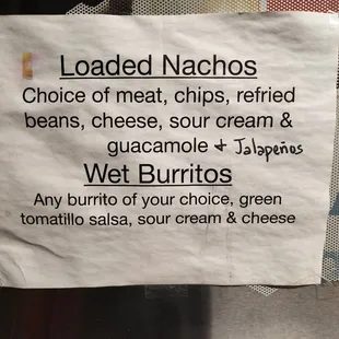 Loaded nachos and wet burritos menu as of 2-23-24