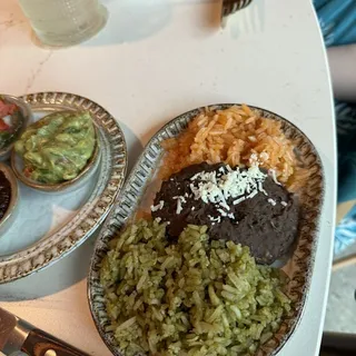 Red Rice, Cilantro Rice and Black Refried Beans