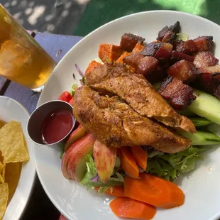 Verde Salad with addition of chicken and pork belly cubes.