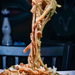 a plate of spaghetti being lifted by a fork