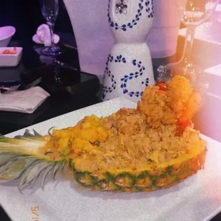 Lobster Fried Rice served in a pineapple