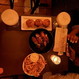 Short Rib Sliders (left) Sweet n' Spiced Wings (middle) fries (right)