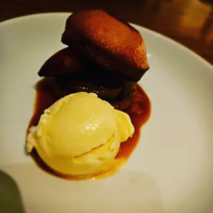 CITRUS EVOO CAKE Peach Ice Cream with Sorghum Caramel