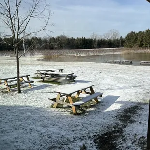 picnic tables in the snow