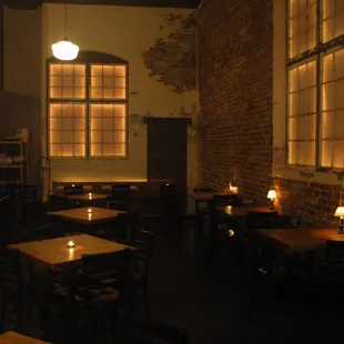 a dimly lit dining room