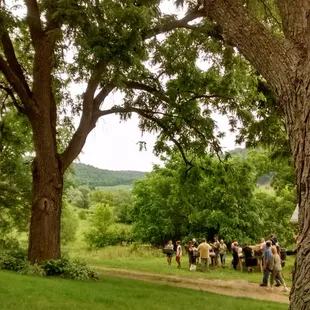 a group of people standing in a field