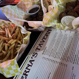 Fries, steak bites, potato logs