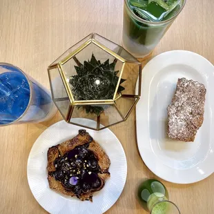 honey blueberry galette, butterfly pea matcha latte, coffee cake