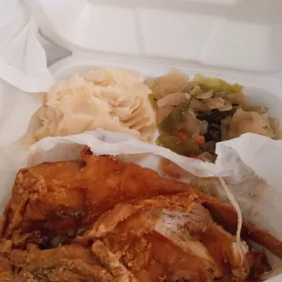 Fried chicken, mashed potatoes and cabbage