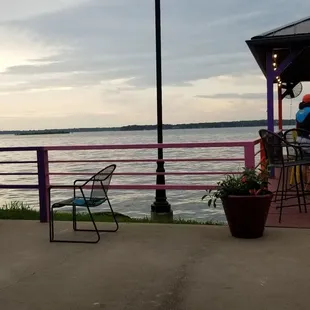 a view of a lake and a gazebo