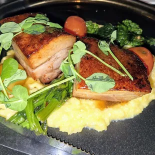 Hot Honey Pork Belly over Polenta