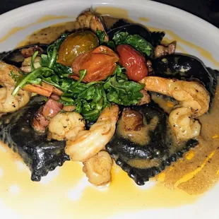 Squid Ink Ravioli w/ Shrimp, Pancetta, and Arugula