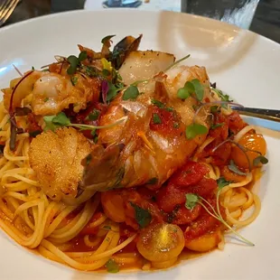 Angel hair pasta with shrimp, scallops and lobster