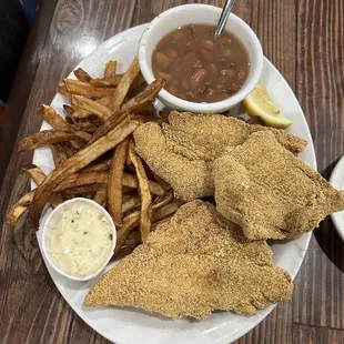 The small order of fried catfish with beans and tartar sauce