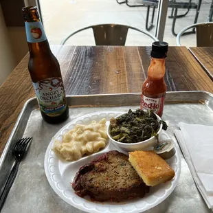 Meatloaf, Mac &amp; Cheese, cornbread and apple cider