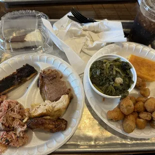 BBQ Sampler, greens, fried okra, cornbread, and cheesecake