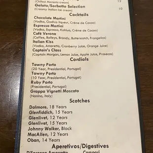 Dessert/alcohol/digestives menu