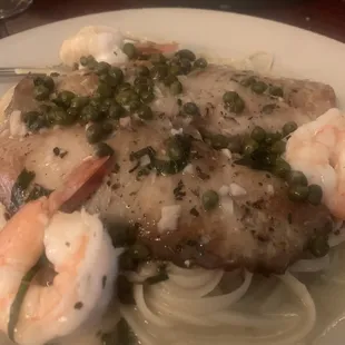 Tilapia and Shrimp over linguine