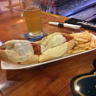 Huge meatball sub and a cougar bait beer!