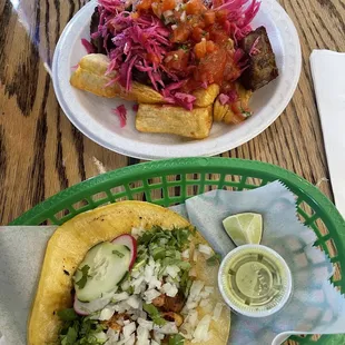 Chicken taco and yuca con chicharon