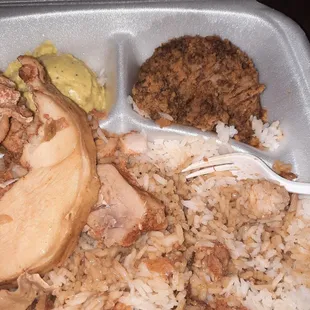 Turkey Rl, rice and gravy, cornbread dressing and potato salad