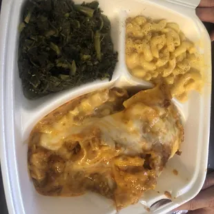 a meal in a styrofoam container