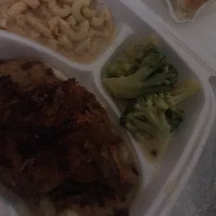 Stuffed baked chicken, mashed potatoes and gravy, Mac and cheese, broccoli and cheese