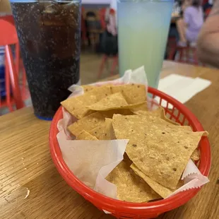 a bowl of chips and a drink
