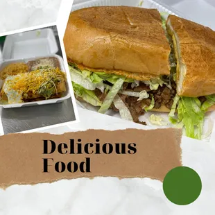 a picture of a sandwich and a takeout box