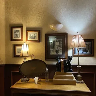 a desk with a mirror and lamp