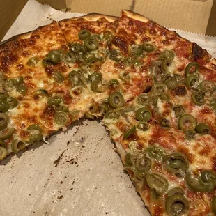 Olives on cheese pizza