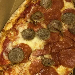 Pepperoni and sausage pizza.
