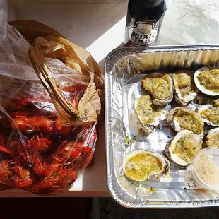 Crawfish and garlic charbroiled oysters offered by the church's organization. Oysters are a must!