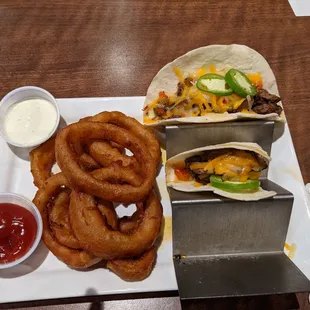 Carne asada tacos and onion rings