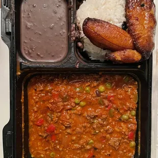 Beyond Meat Picadillo, Black beans, plantain and white rice.
