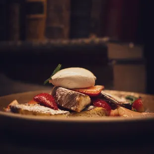 French Toast Strawberries, Whipped Creme Fraiche, Maple Syrup for Brunch