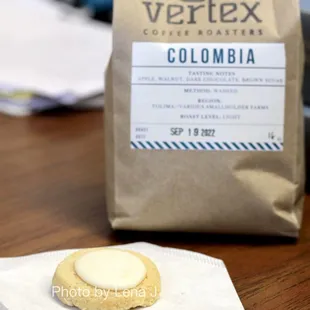 16 oz bag of Colombia ($18.00) + gluten-free Lemon Shortbread Cookie from Ellen's Fine Goods ($2)