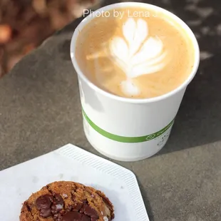 Cafe Miel ($5) and Almond Butter Chocolate Chip Cookie from Ellen's Fine Goods ($2)