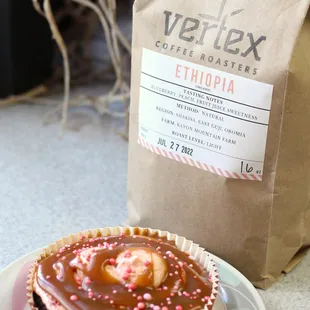 Ethiopian beans ($22 for 1 lb bag) and Ellen's Fine Goods GF chocolate cake ($8)