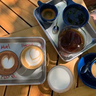 Coffee flight (espresso, drip, cold brew) and latte flight