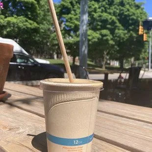 Iced coffee 12 oz, petroleum free cups and compostable straw