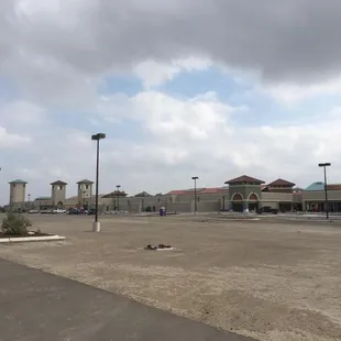 a parking lot in a commercial area