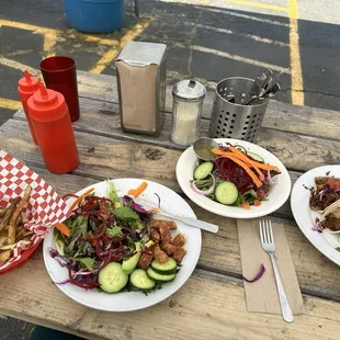 Cheesy Hand Cut Fries; Thai Basil Salad with bakun; Soyrizo Tacos with Side House Salad