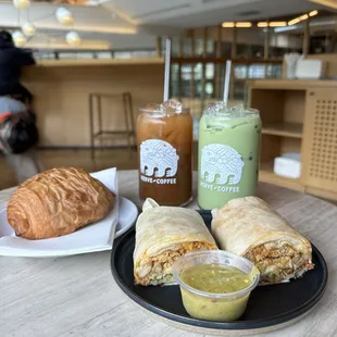 Breakfast burrito and matcha latte