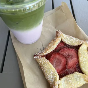 Iced Strawberry Matcha Latte and Strawberry Galette Pastry