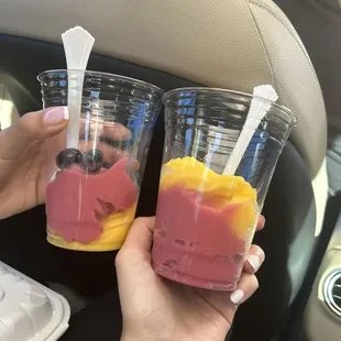 Cup on the left was $6 and cup on the right was $10. Absurd prices for only two blueberries and no toppings on the other.