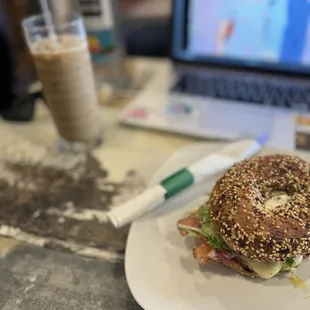 Bagel sandwich and latte