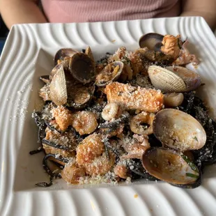 Seafood squid ink pasta