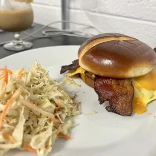 a burger and coleslaw