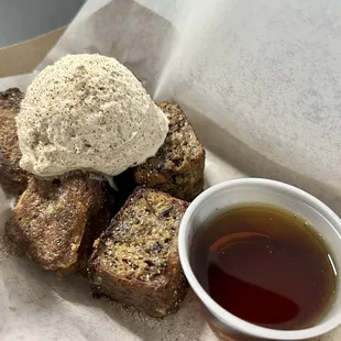 Banana bread French toast bites with espresso whipped cream